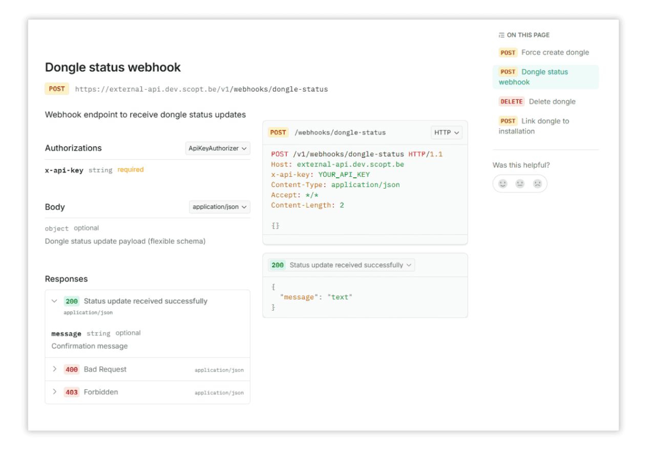 Scopt API documentation: dongle status webhook