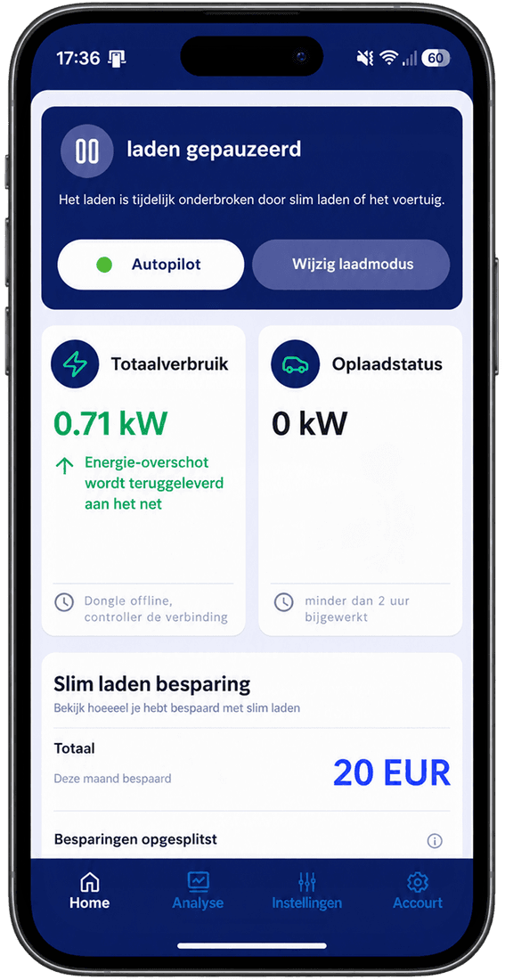 White label driver app showing charging mode, consumption and savings
