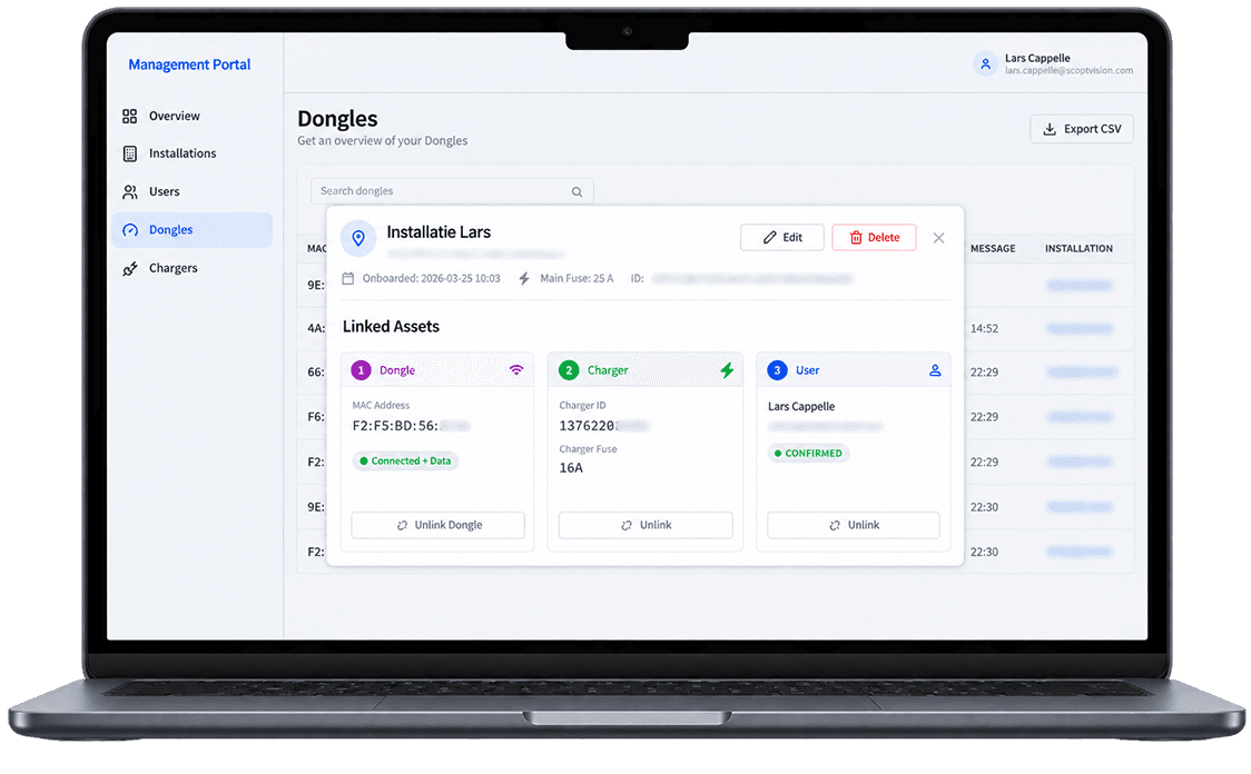 Management portal: installation with linked dongle, charger and user